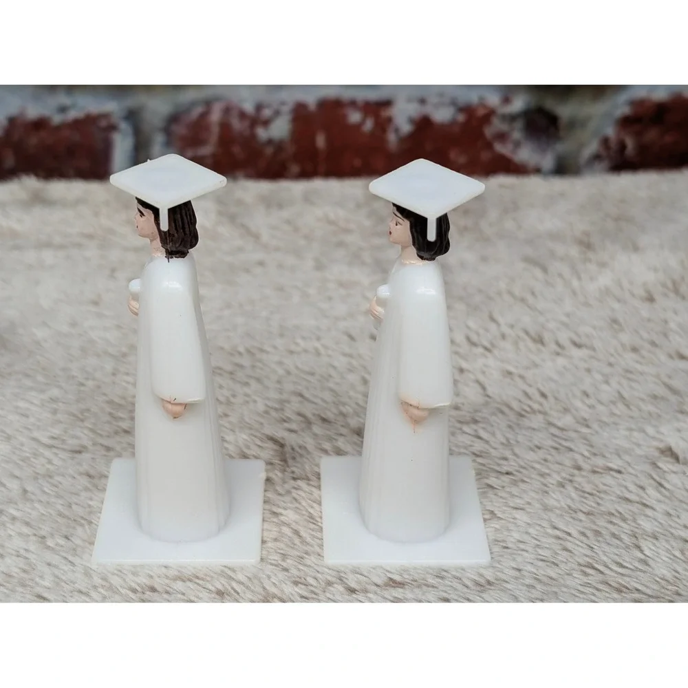 Vintage Graduation Cake Toppers Pair White Cap Gown Diploma Plastic Figures